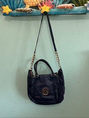 MICHAEL Michael Kors Navy Leather Satchel with Gold Hardware